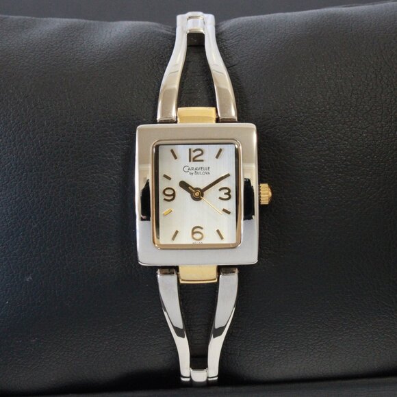 Caravelle Ladies Silver Tone With Gold Accents ½ Bangle Bracelet MOP Dial 16mm - Picture 3 of 15